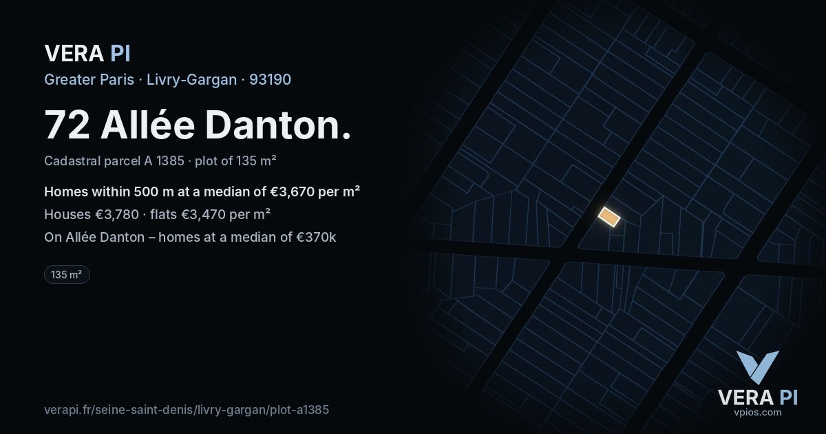 72 Allée Danton, Livry-Gargan at night – the plot lit, the parcels around coloured by the prices near them