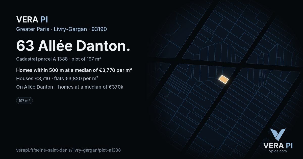 63 Allée Danton, Livry-Gargan at night – the plot lit, the parcels around coloured by the prices near them