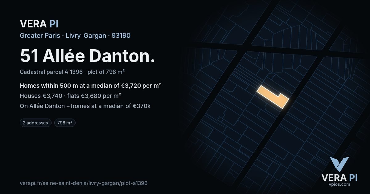 51 Allée Danton, Livry-Gargan at night – the plot lit, the parcels around coloured by the prices near them