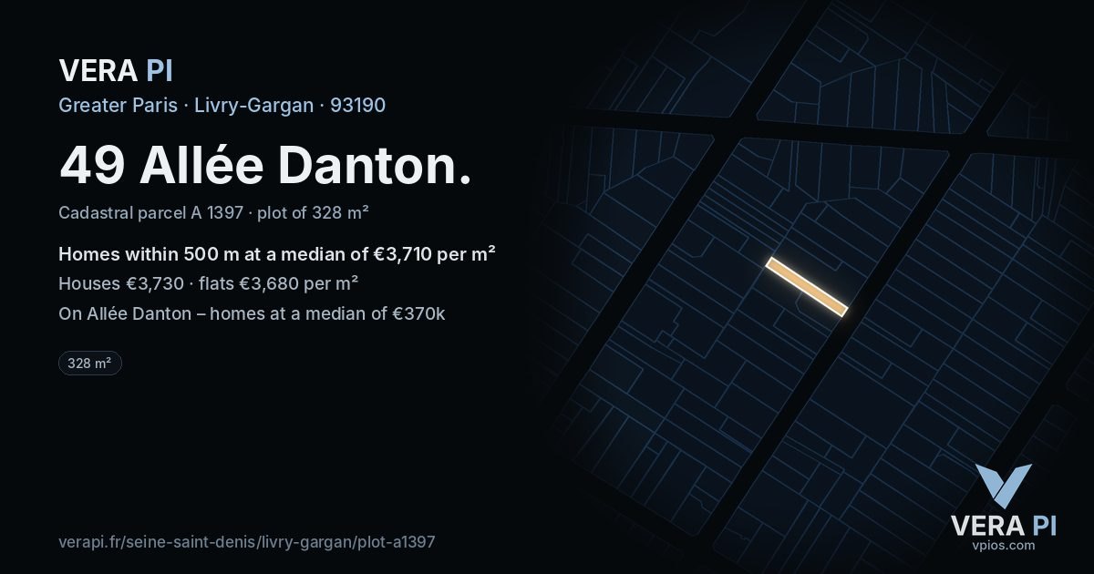 49 Allée Danton, Livry-Gargan at night – the plot lit, the parcels around coloured by the prices near them