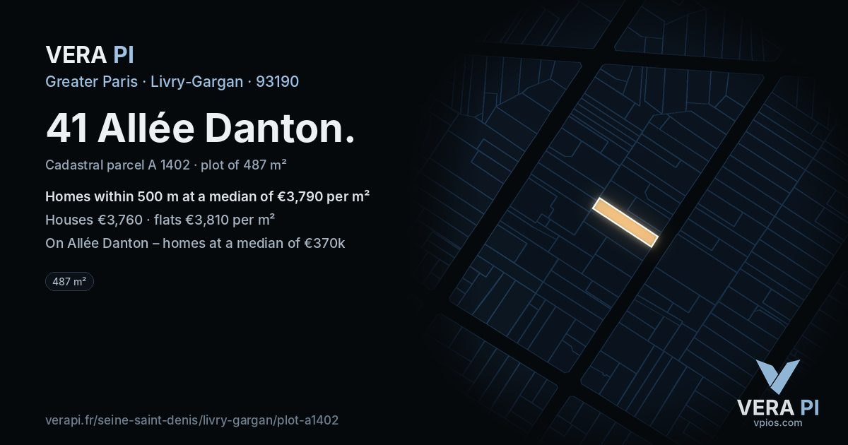 41 Allée Danton, Livry-Gargan at night – the plot lit, the parcels around coloured by the prices near them