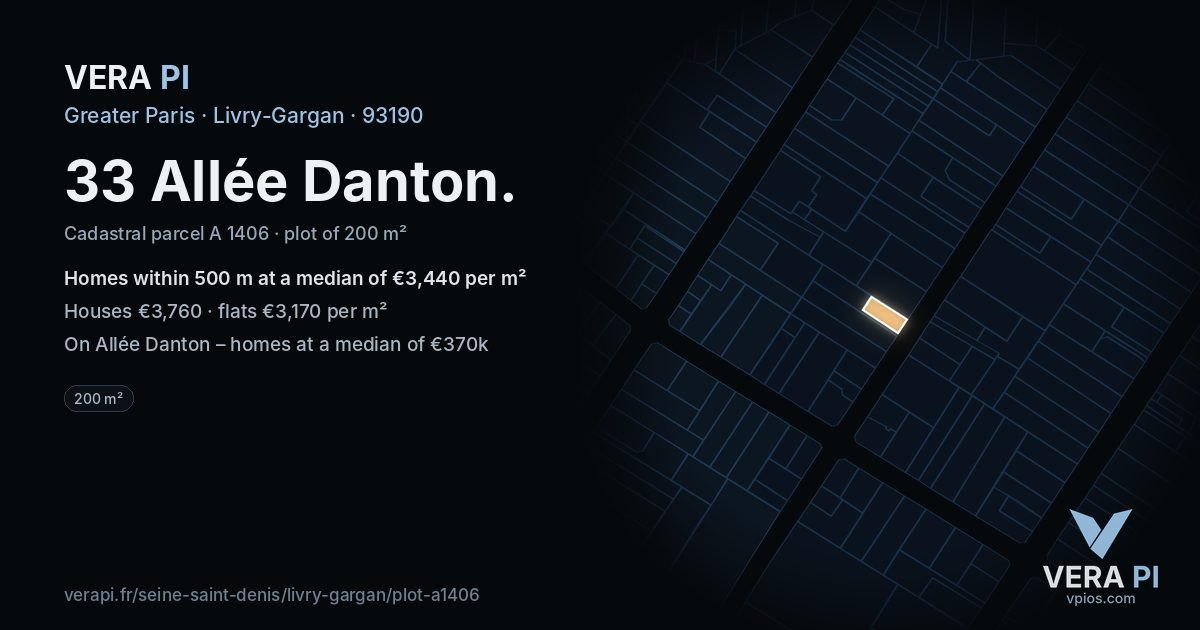 33 Allée Danton, Livry-Gargan at night – the plot lit, the parcels around coloured by the prices near them