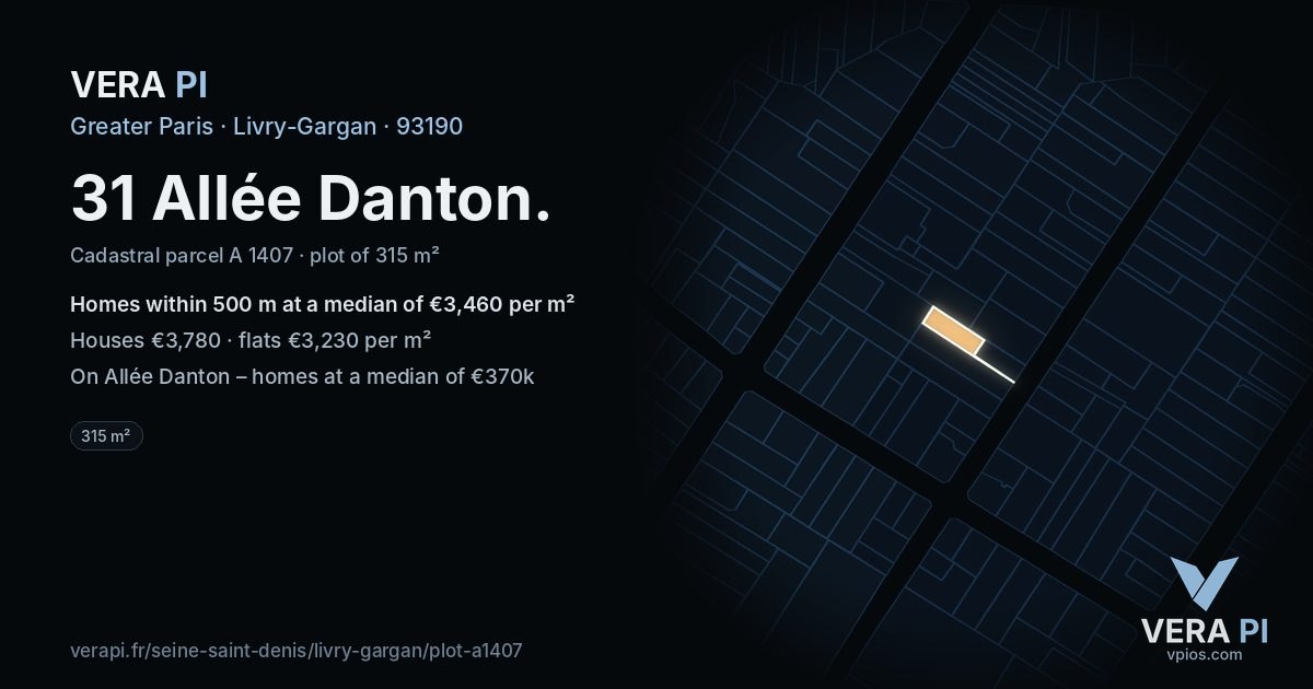 31 Allée Danton, Livry-Gargan at night – the plot lit, the parcels around coloured by the prices near them