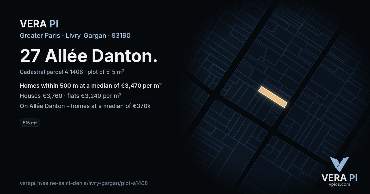 27 Allée Danton, Livry-Gargan at night – the plot lit, the parcels around coloured by the prices near them