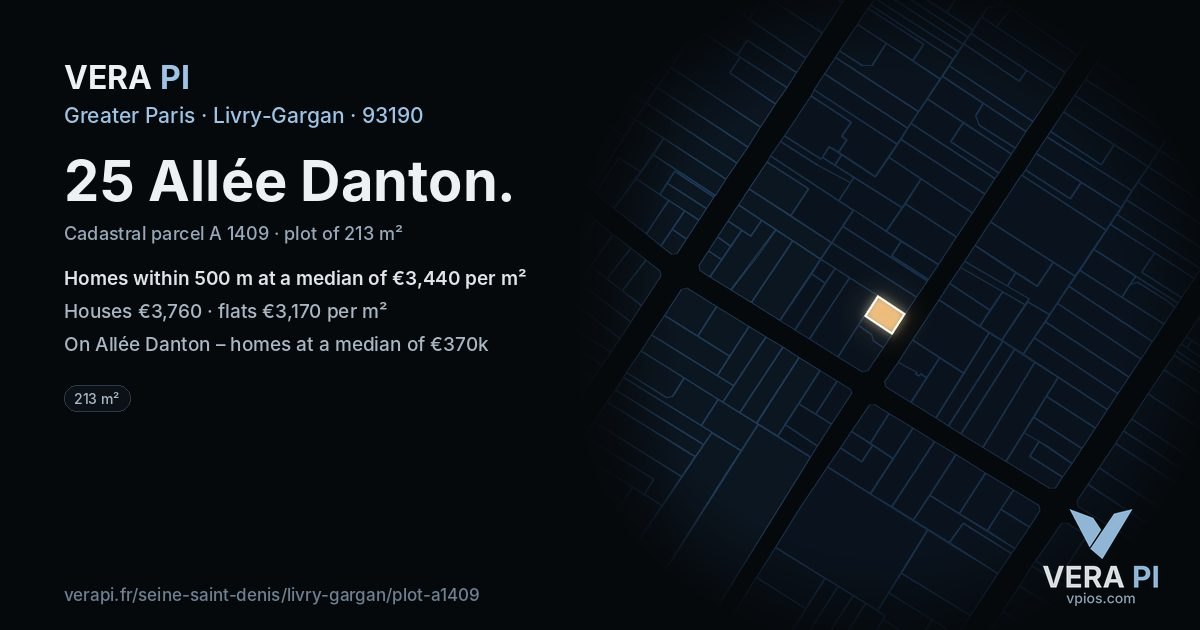 25 Allée Danton, Livry-Gargan at night – the plot lit, the parcels around coloured by the prices near them