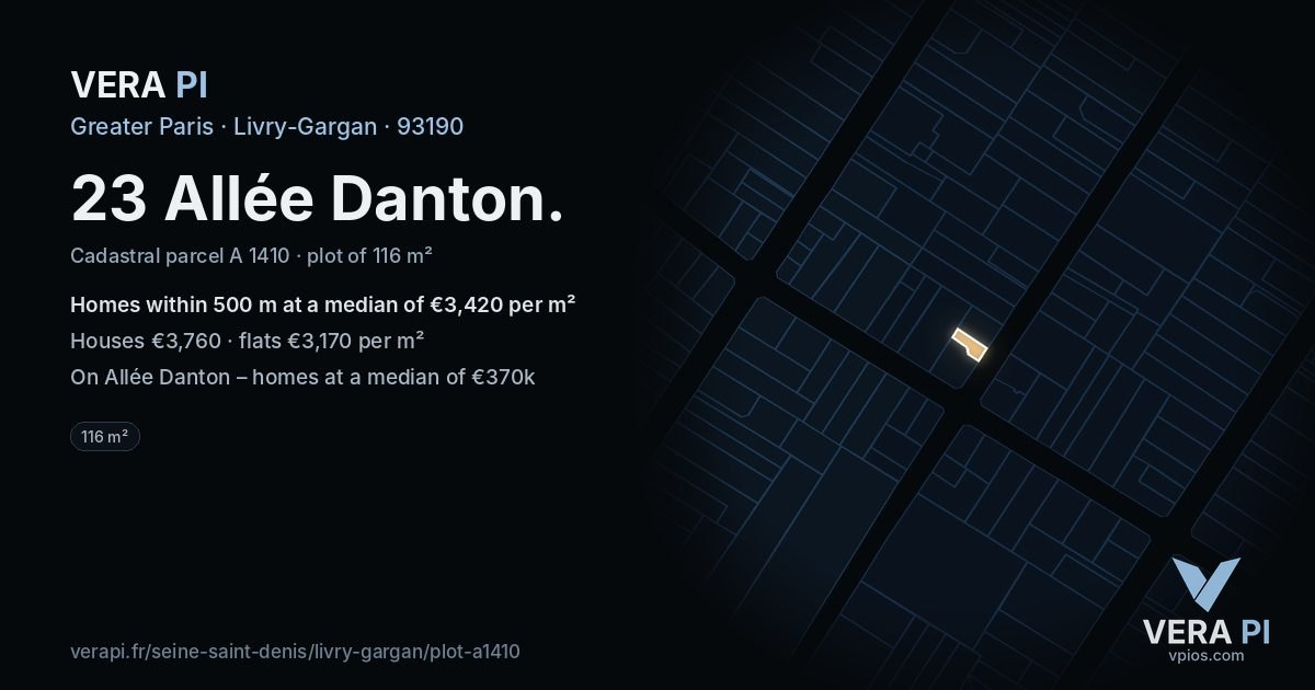 23 Allée Danton, Livry-Gargan at night – the plot lit, the parcels around coloured by the prices near them
