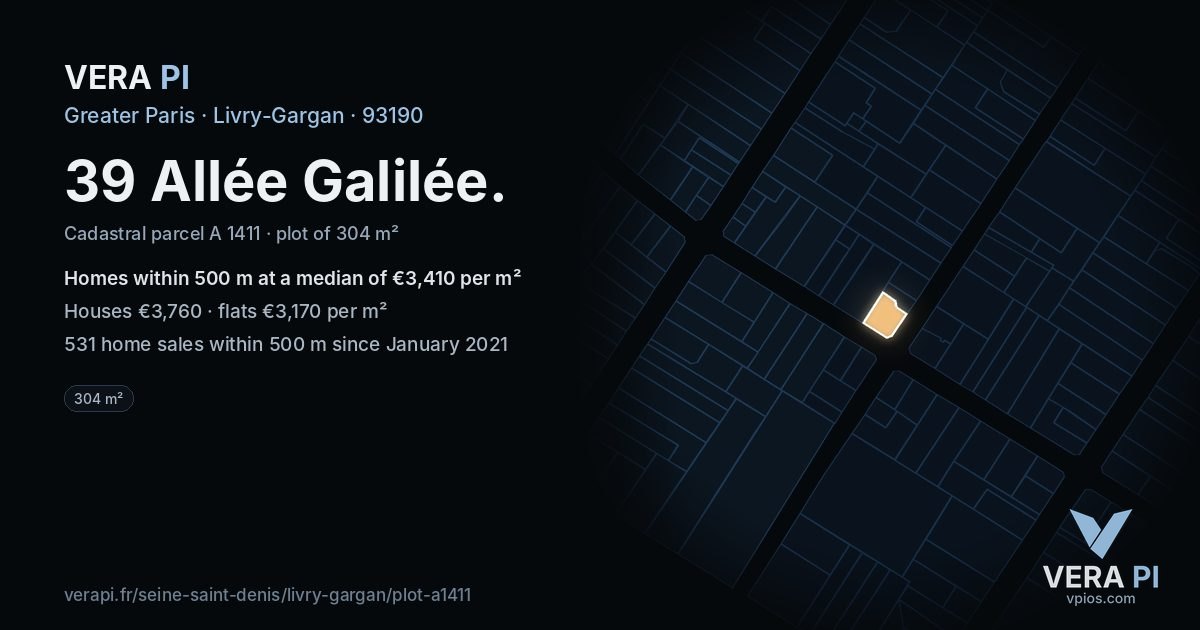 39 Allée Galilée, Livry-Gargan at night – the plot lit, the parcels around coloured by the prices near them