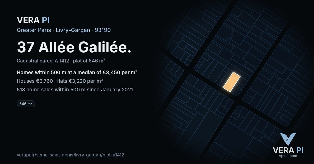 37 Allée Galilée, Livry-Gargan at night – the plot lit, the parcels around coloured by the prices near them