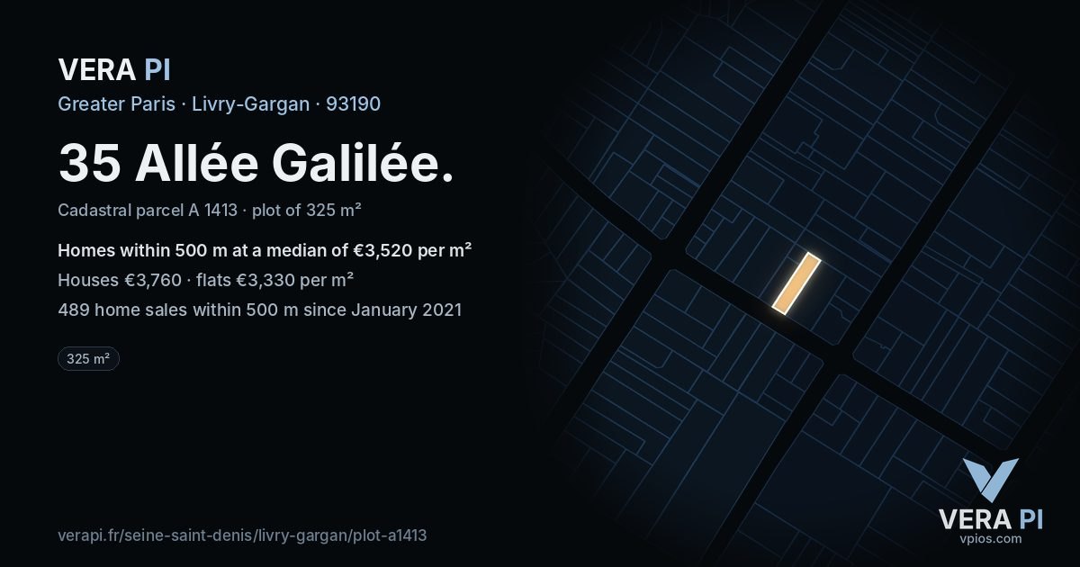 35 Allée Galilée, Livry-Gargan at night – the plot lit, the parcels around coloured by the prices near them