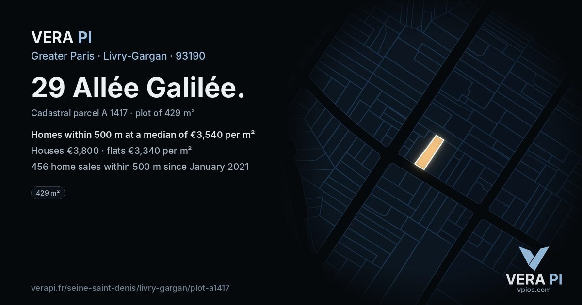 29 Allée Galilée, Livry-Gargan at night – the plot lit, the parcels around coloured by the prices near them