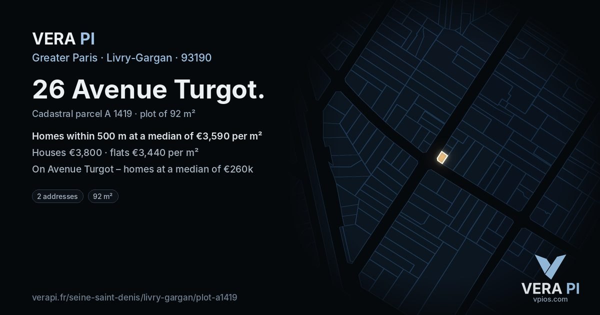 26 Avenue Turgot, Livry-Gargan at night – the plot lit, the parcels around coloured by the prices near them