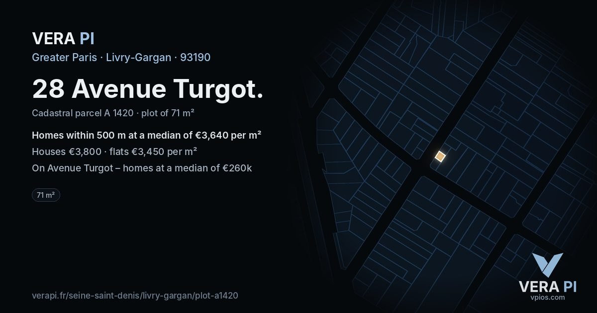 28 Avenue Turgot, Livry-Gargan at night – the plot lit, the parcels around coloured by the prices near them
