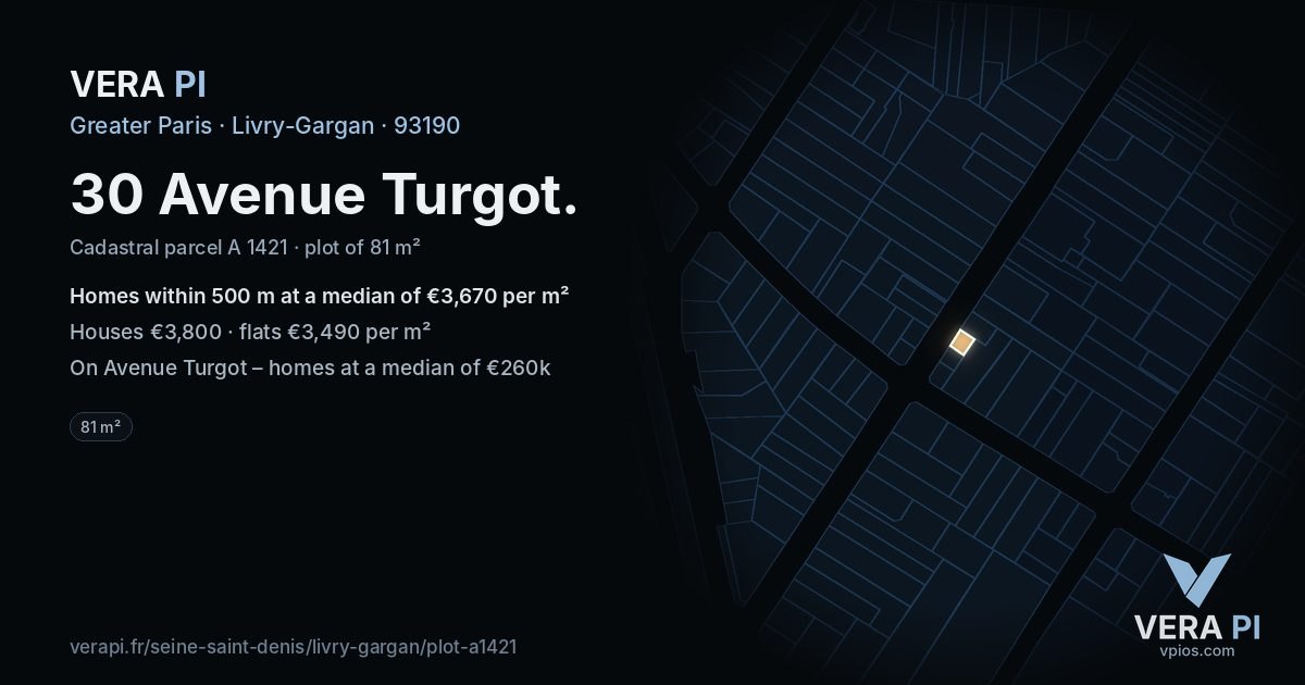 30 Avenue Turgot, Livry-Gargan at night – the plot lit, the parcels around coloured by the prices near them