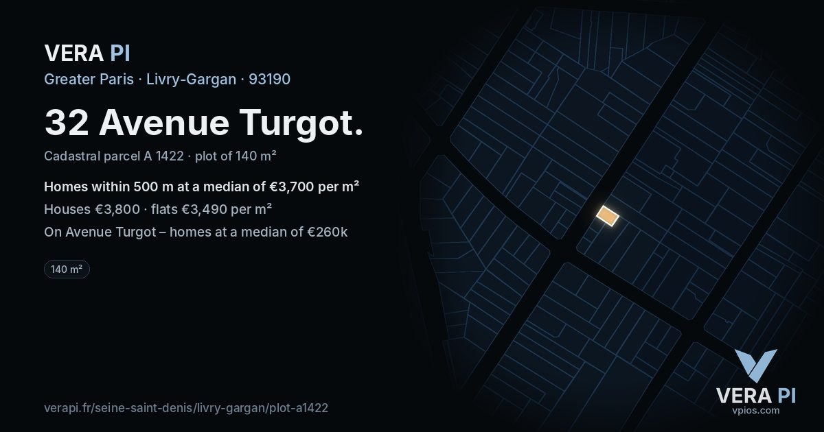 32 Avenue Turgot, Livry-Gargan at night – the plot lit, the parcels around coloured by the prices near them