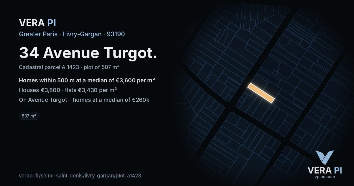 34 Avenue Turgot, Livry-Gargan at night – the plot lit, the parcels around coloured by the prices near them