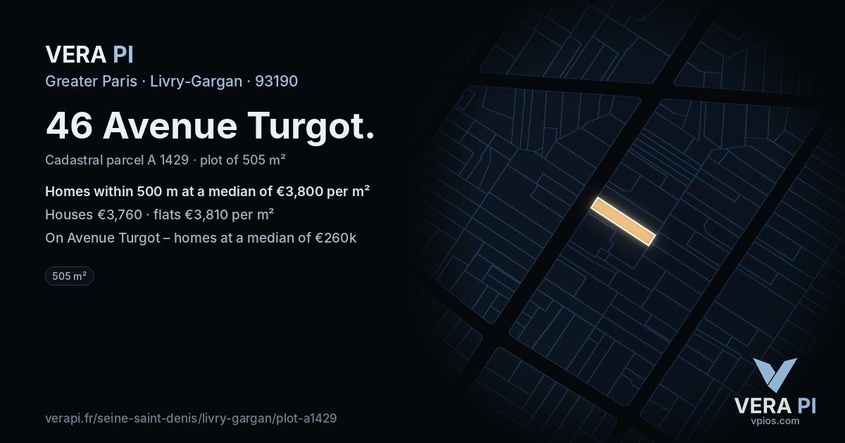 46 Avenue Turgot, Livry-Gargan at night – the plot lit, the parcels around coloured by the prices near them