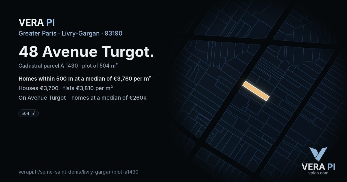 48 Avenue Turgot, Livry-Gargan at night – the plot lit, the parcels around coloured by the prices near them