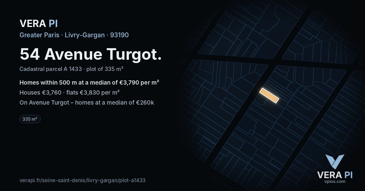 54 Avenue Turgot, Livry-Gargan at night – the plot lit, the parcels around coloured by the prices near them