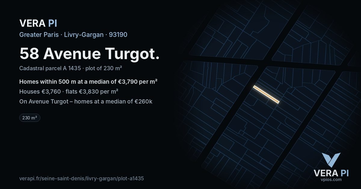 58 Avenue Turgot, Livry-Gargan at night – the plot lit, the parcels around coloured by the prices near them