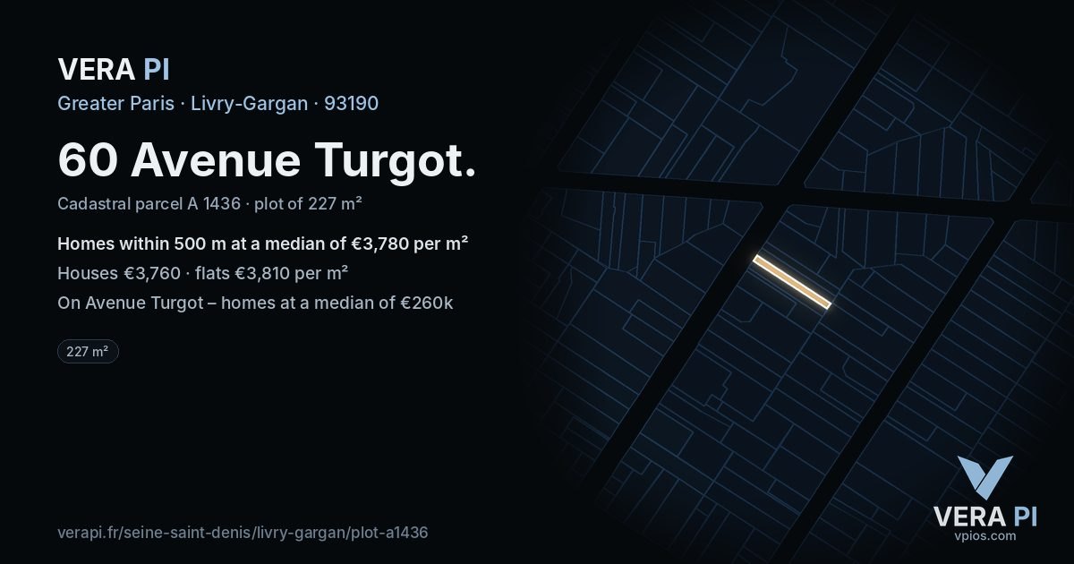 60 Avenue Turgot, Livry-Gargan at night – the plot lit, the parcels around coloured by the prices near them