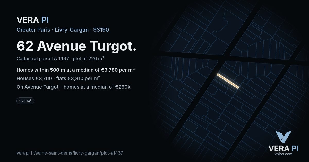 62 Avenue Turgot, Livry-Gargan at night – the plot lit, the parcels around coloured by the prices near them