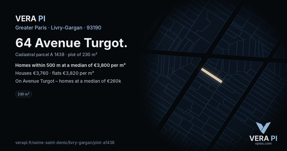 64 Avenue Turgot, Livry-Gargan at night – the plot lit, the parcels around coloured by the prices near them
