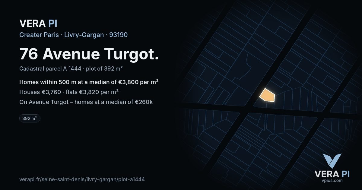 76 Avenue Turgot, Livry-Gargan at night – the plot lit, the parcels around coloured by the prices near them