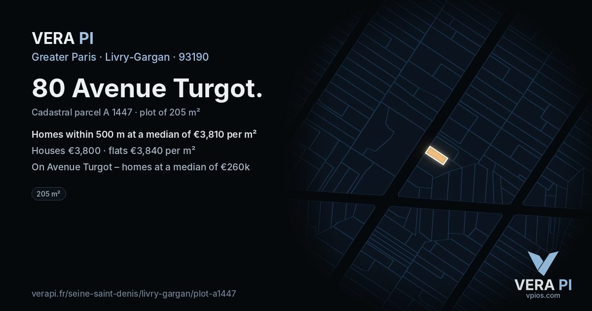 80 Avenue Turgot, Livry-Gargan at night – the plot lit, the parcels around coloured by the prices near them