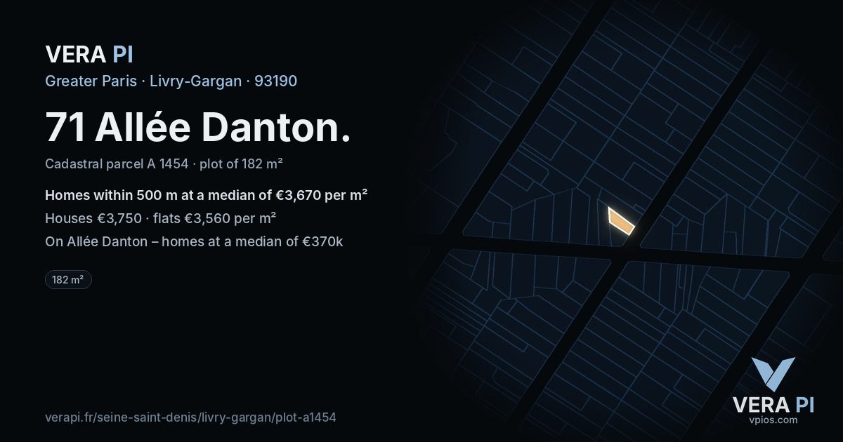71 Allée Danton, Livry-Gargan at night – the plot lit, the parcels around coloured by the prices near them