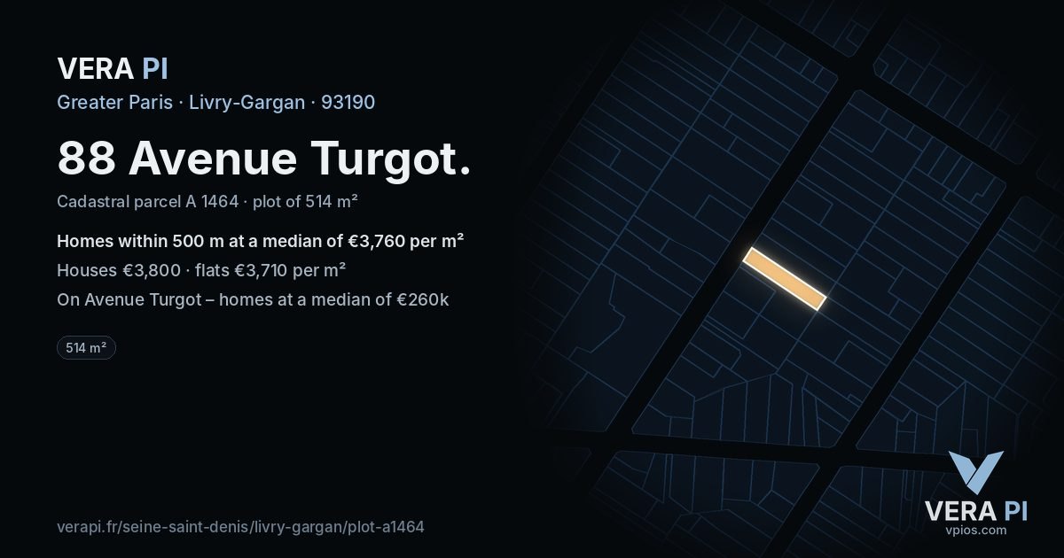 88 Avenue Turgot, Livry-Gargan at night – the plot lit, the parcels around coloured by the prices near them