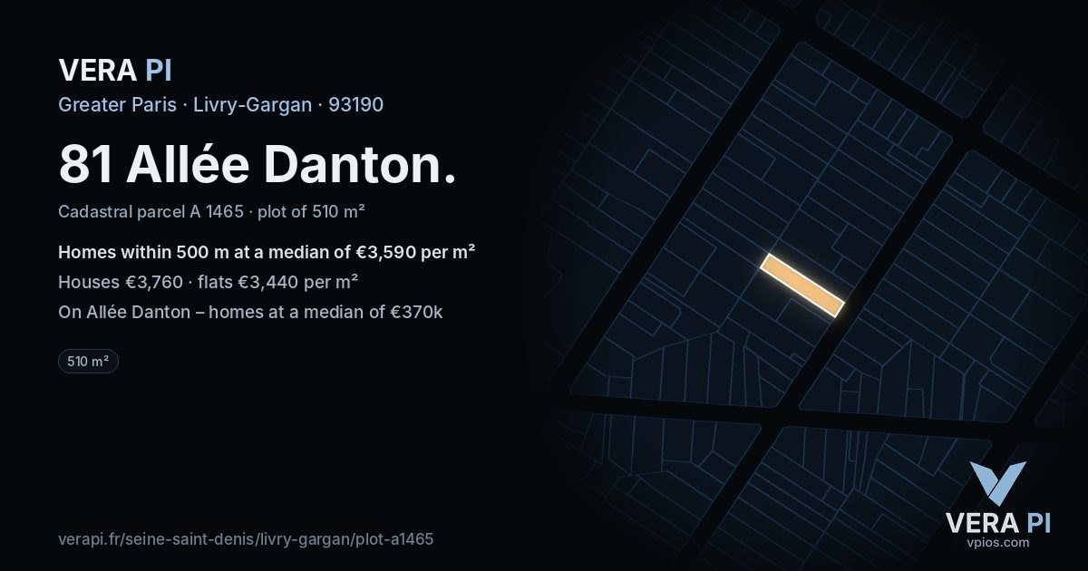 81 Allée Danton, Livry-Gargan at night – the plot lit, the parcels around coloured by the prices near them