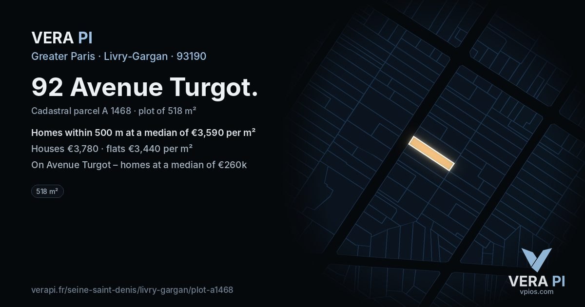 92 Avenue Turgot, Livry-Gargan at night – the plot lit, the parcels around coloured by the prices near them