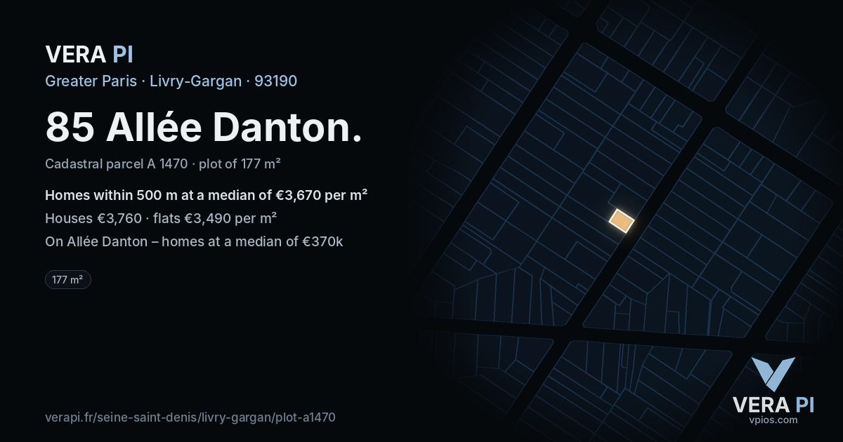 85 Allée Danton, Livry-Gargan at night – the plot lit, the parcels around coloured by the prices near them