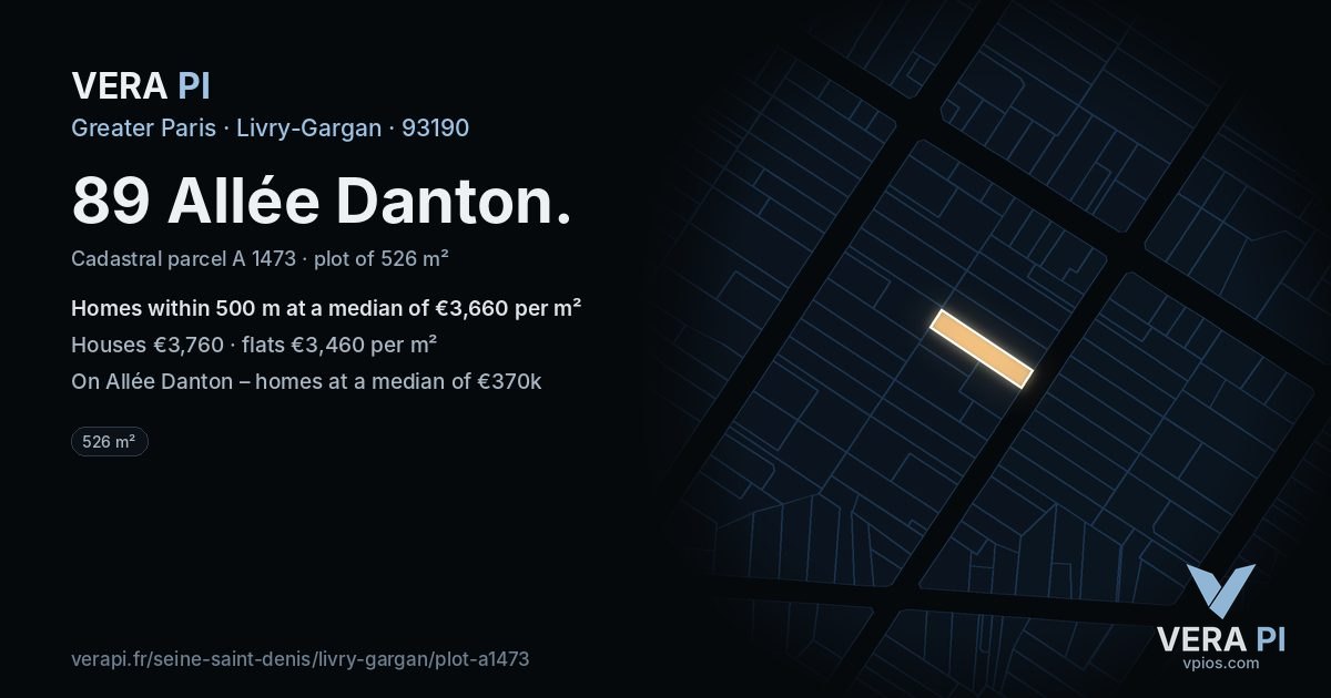 89 Allée Danton, Livry-Gargan at night – the plot lit, the parcels around coloured by the prices near them
