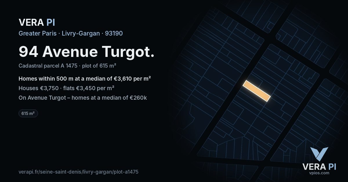 94 Avenue Turgot, Livry-Gargan at night – the plot lit, the parcels around coloured by the prices near them