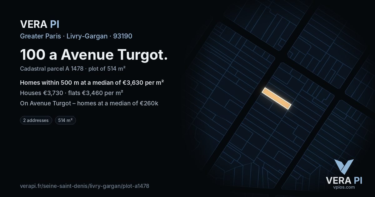 100 a Avenue Turgot, Livry-Gargan at night – the plot lit, the parcels around coloured by the prices near them