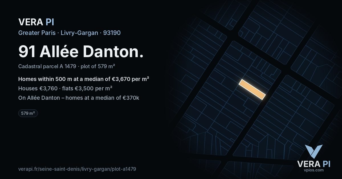 91 Allée Danton, Livry-Gargan at night – the plot lit, the parcels around coloured by the prices near them