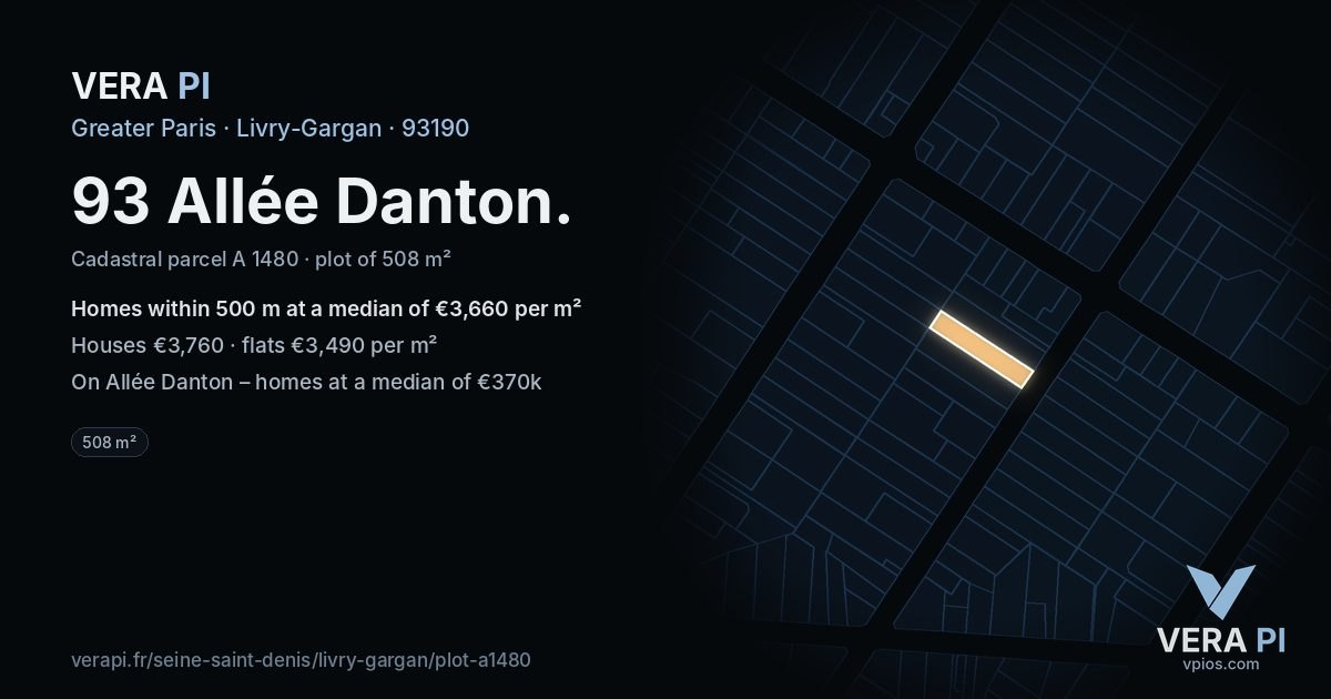 93 Allée Danton, Livry-Gargan at night – the plot lit, the parcels around coloured by the prices near them
