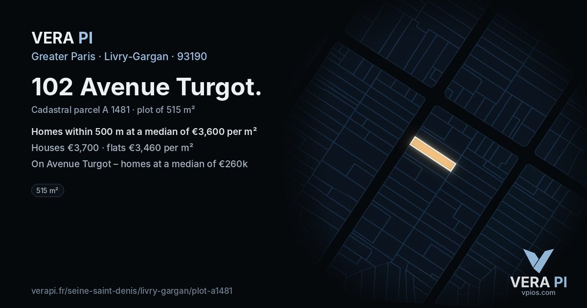 102 Avenue Turgot, Livry-Gargan at night – the plot lit, the parcels around coloured by the prices near them