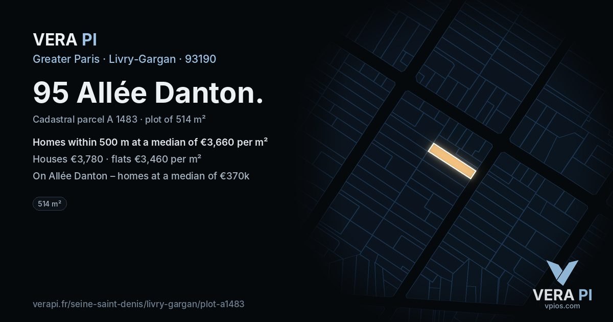 95 Allée Danton, Livry-Gargan at night – the plot lit, the parcels around coloured by the prices near them