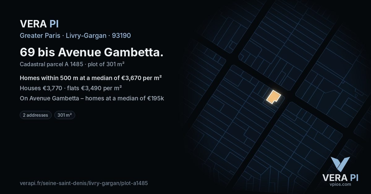 69 bis Avenue Gambetta, Livry-Gargan at night – the plot lit, the parcels around coloured by the prices near them