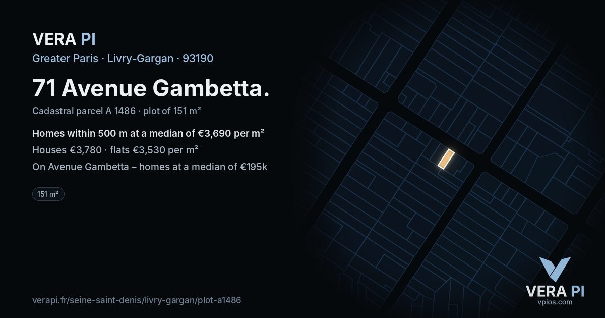 71 Avenue Gambetta, Livry-Gargan at night – the plot lit, the parcels around coloured by the prices near them