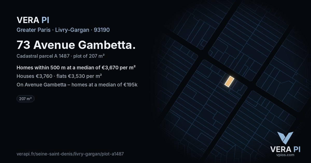 73 Avenue Gambetta, Livry-Gargan at night – the plot lit, the parcels around coloured by the prices near them