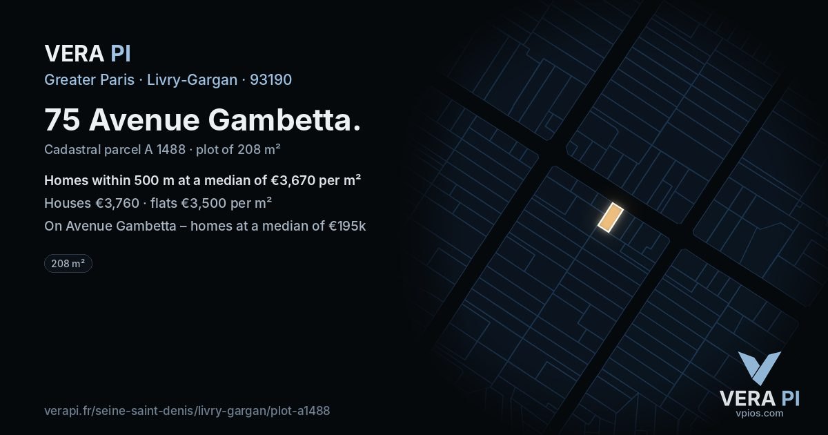 75 Avenue Gambetta, Livry-Gargan at night – the plot lit, the parcels around coloured by the prices near them