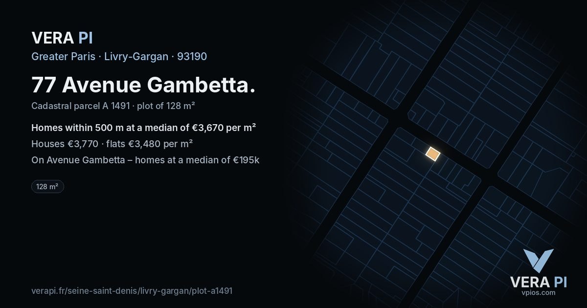 77 Avenue Gambetta, Livry-Gargan at night – the plot lit, the parcels around coloured by the prices near them
