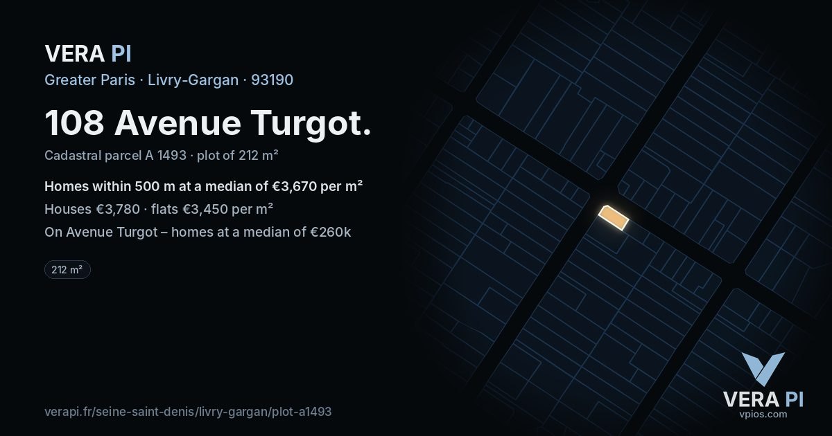108 Avenue Turgot, Livry-Gargan at night – the plot lit, the parcels around coloured by the prices near them