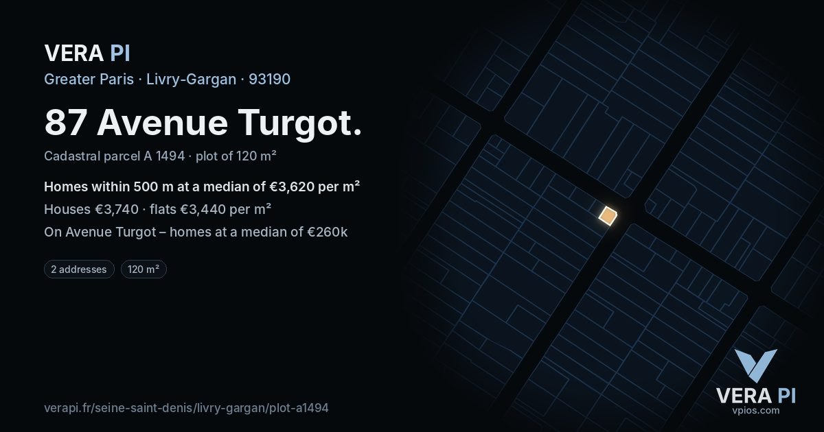 87 Avenue Turgot, Livry-Gargan at night – the plot lit, the parcels around coloured by the prices near them