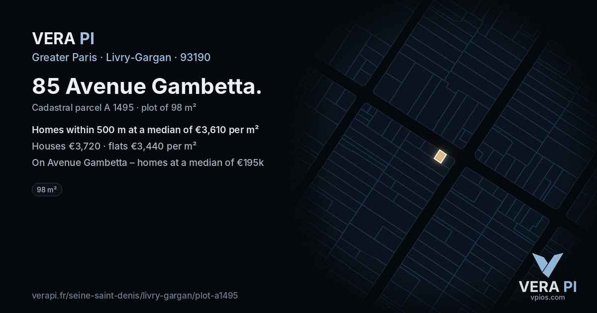 85 Avenue Gambetta, Livry-Gargan at night – the plot lit, the parcels around coloured by the prices near them