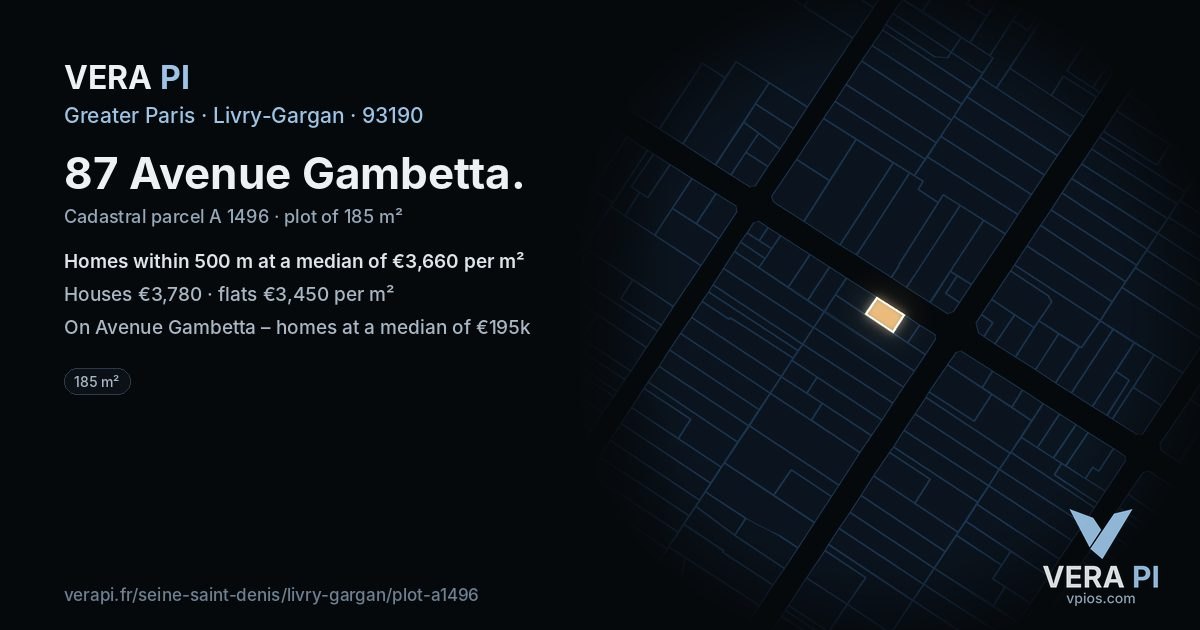 87 Avenue Gambetta, Livry-Gargan at night – the plot lit, the parcels around coloured by the prices near them