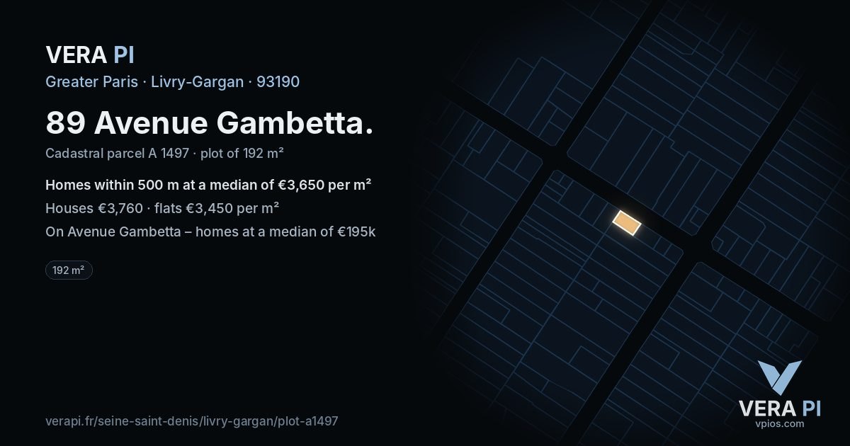89 Avenue Gambetta, Livry-Gargan at night – the plot lit, the parcels around coloured by the prices near them